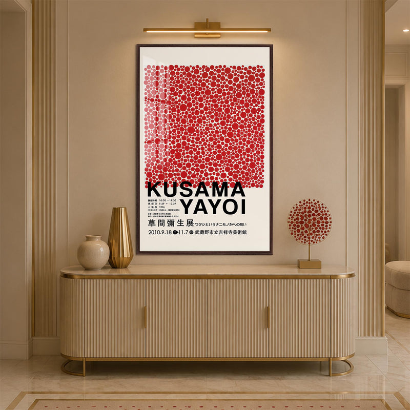 Kırmızı Sonsuz Noktalar Cam Tablo – Ceviz Çerçeveli Cam Tablo