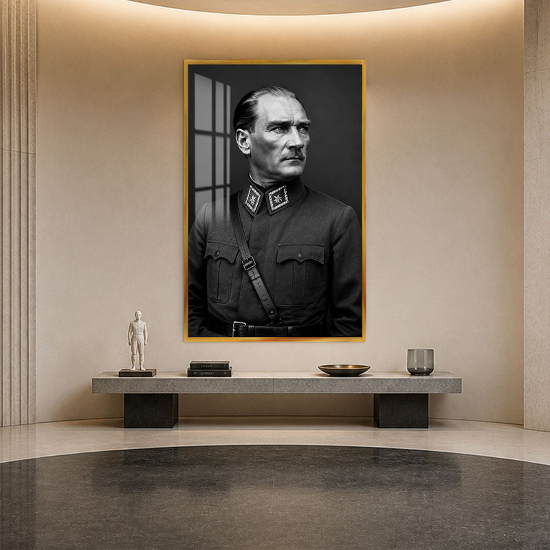 Üniformalı Atatürk Cam Tablo – Altın Çerçeveli