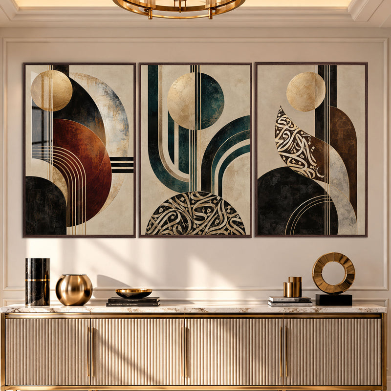 Altın Hat Mid-Century Üçlü Cam Tablo – Ceviz Çerçeveli