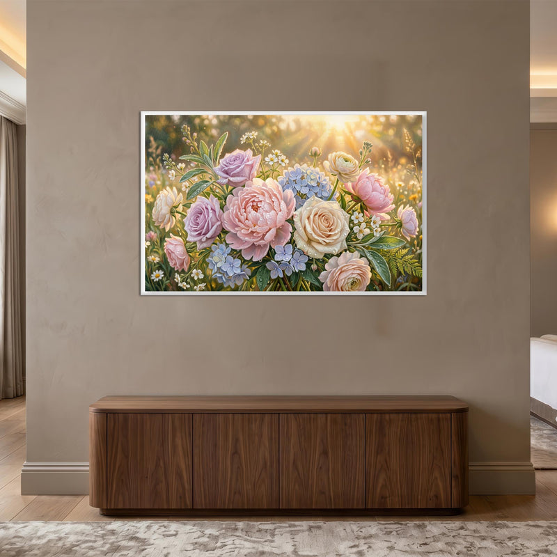 Gün Işığında Pastel Çiçekler Cam Tablo – Beyaz Çerçeveli Cam Tablo