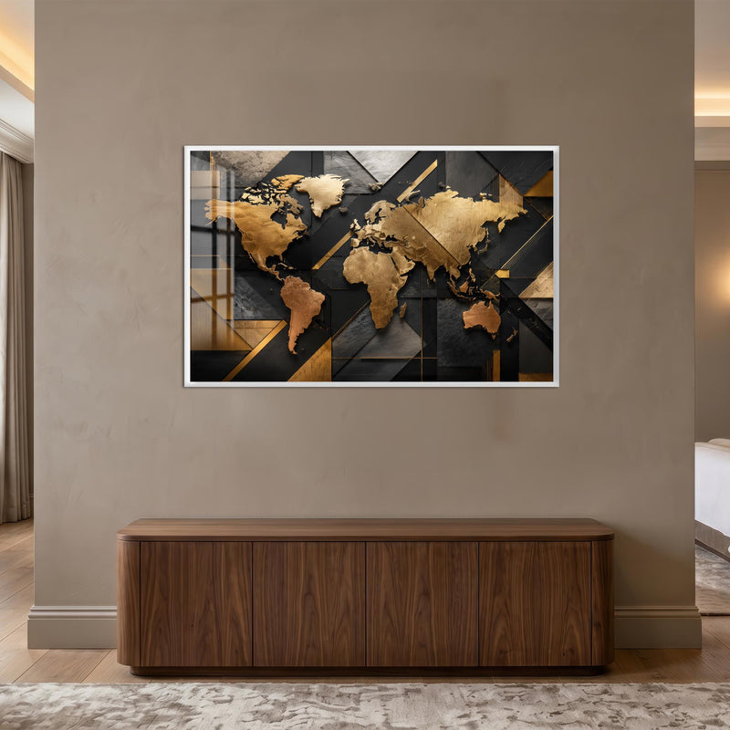 Altın Geometrik Art Deco Dünya Haritası Cam Tablo – Beyaz Çerçeveli