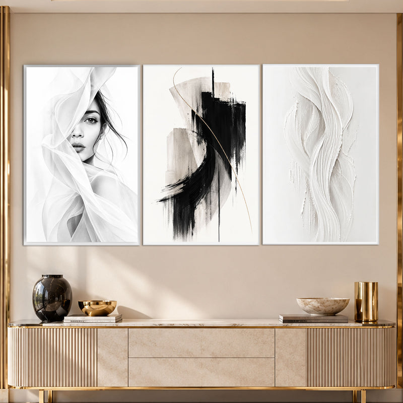 Siyah Beyaz Modern Sanat Üçlü Cam Tablo – Beyaz Çerçeveli