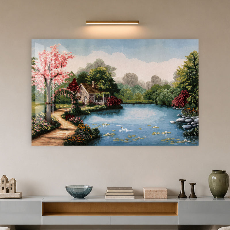 Göl Kenarında Bahar Evi Cam Tablo – Cam Tablo