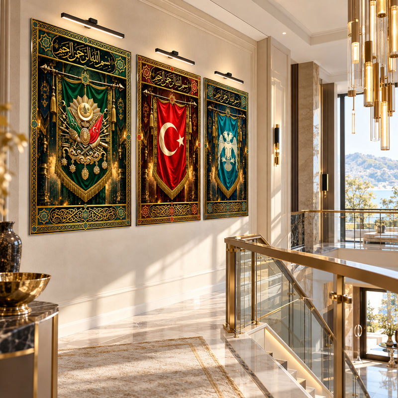 Osmanlı Sancak Üçlüsü Üçlü Cam Tablo