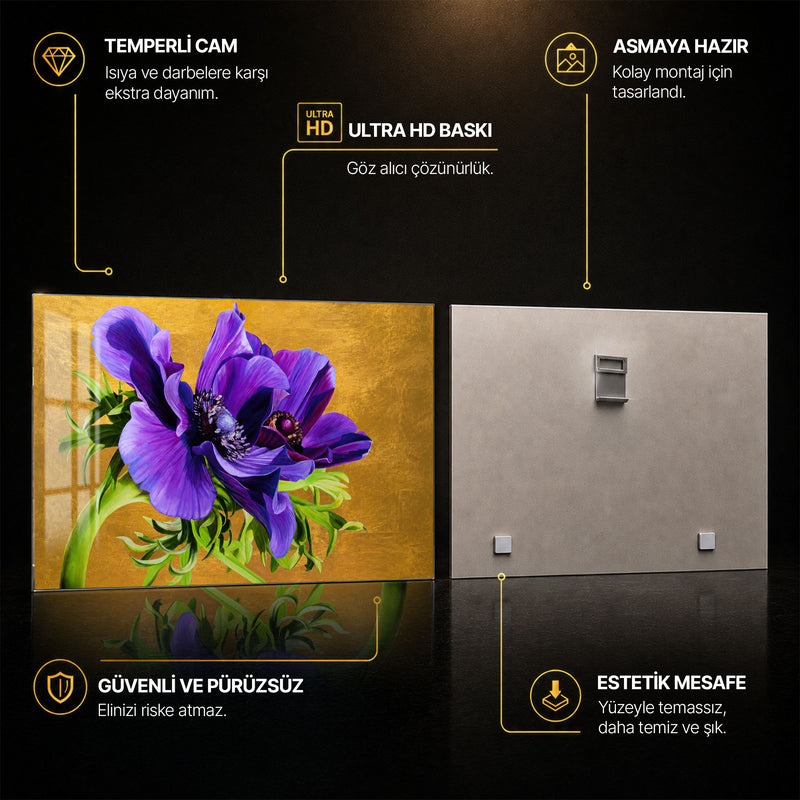 Altın Zeminde Mor Anemon Cam Tablo – Cam Tablo