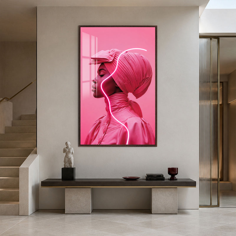 Pembe Neon Çizgili Profil Cam Tablo – Ceviz Çerçeveli Cam Tablo