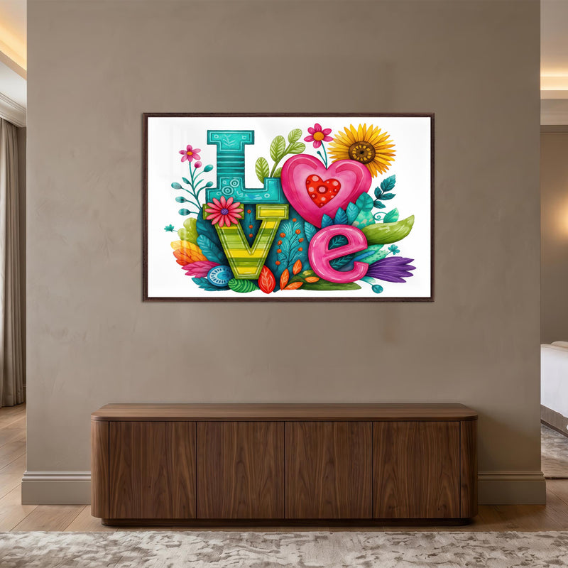 LOVE Çiçek Kalp Cam Tablo – Ceviz Çerçeveli Cam Tablo