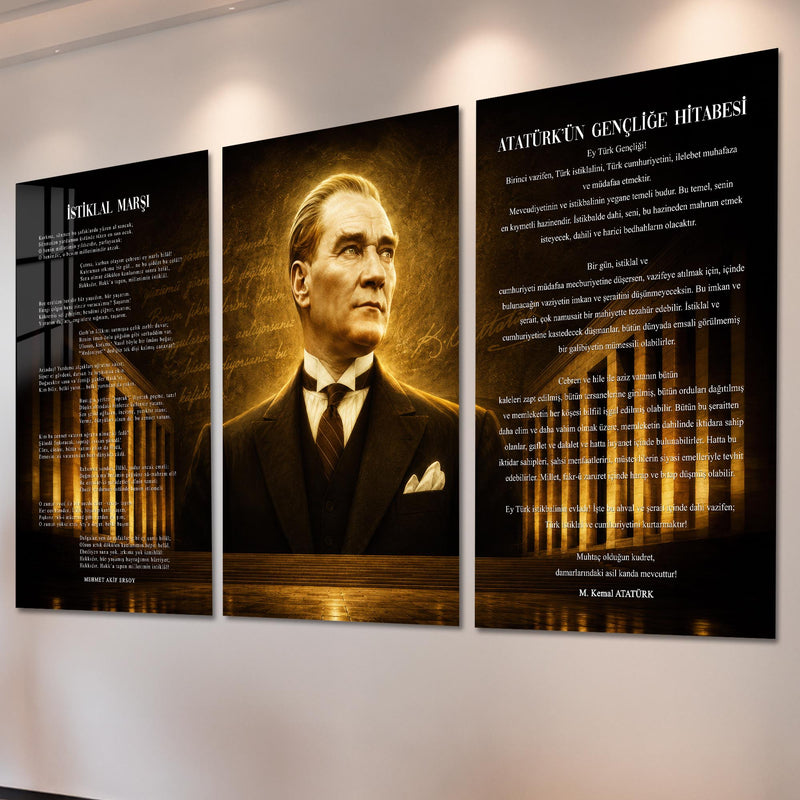 Atatürk Köşesi Üçlü Cam Tablo Seti — Vintage El Yazılı Sepya