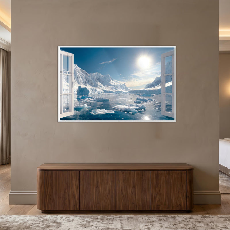 Antarktika Buz Dağları Cam Tablo – Beyaz Çerçeveli Cam Tablo