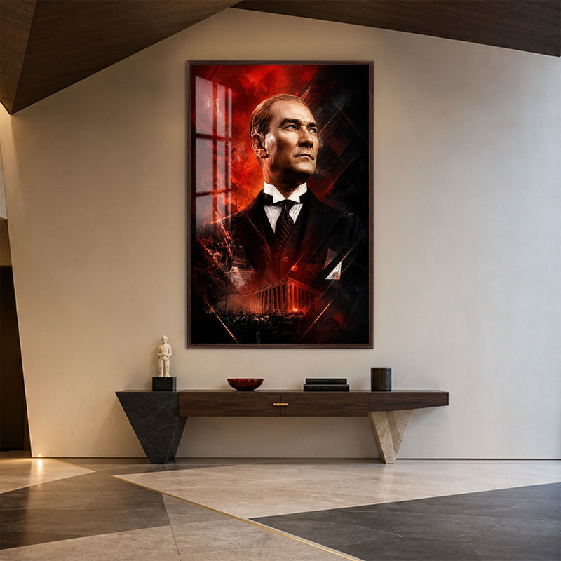 Kızıl Işıkta Atatürk Cam Tablo – Ceviz Çerçeveli