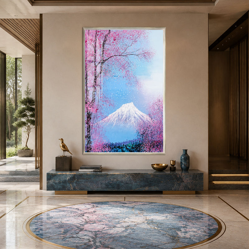Fuji Dağı ve Sakura Ağaçları Cam Tablo – Gümüş Çerçeveli Cam Tablo