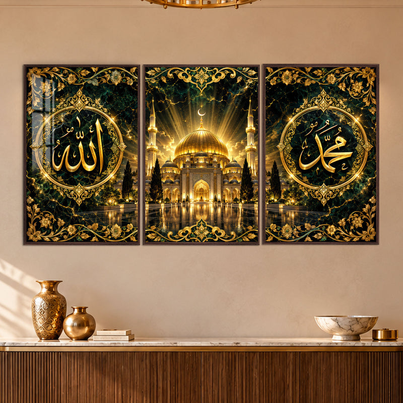 Altın Işıklı Cami ve Hat Levhası Üçlü Cam Tablo – Ceviz Çerçeveli