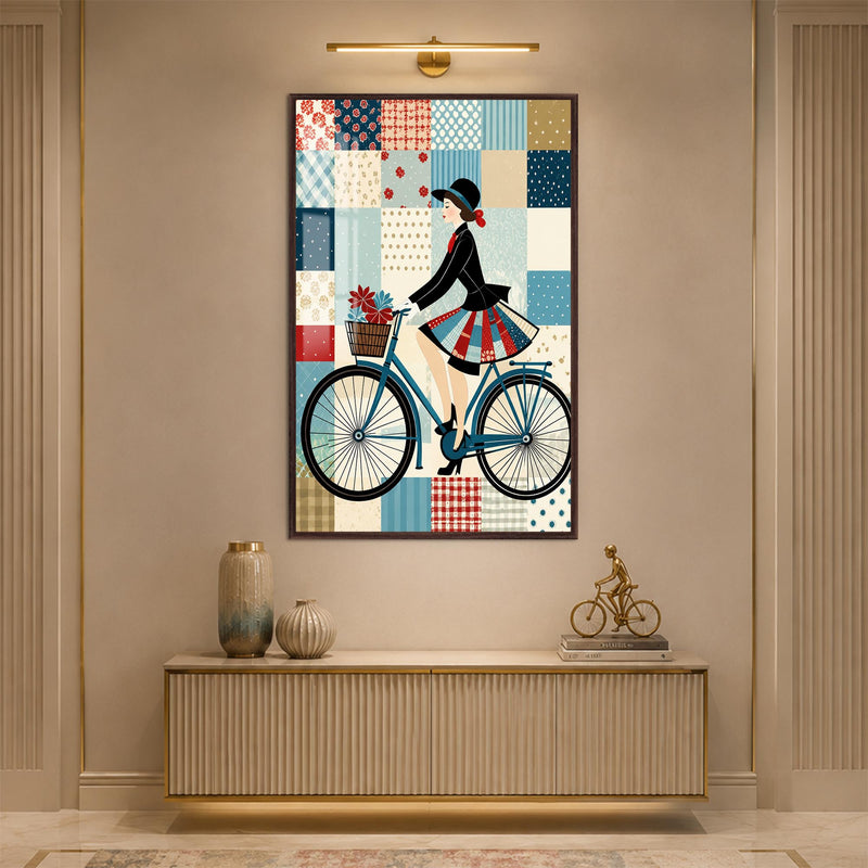 Patchwork Desenli Bisikletli Kadın Cam Tablo – Ceviz Çerçeveli Cam Tablo