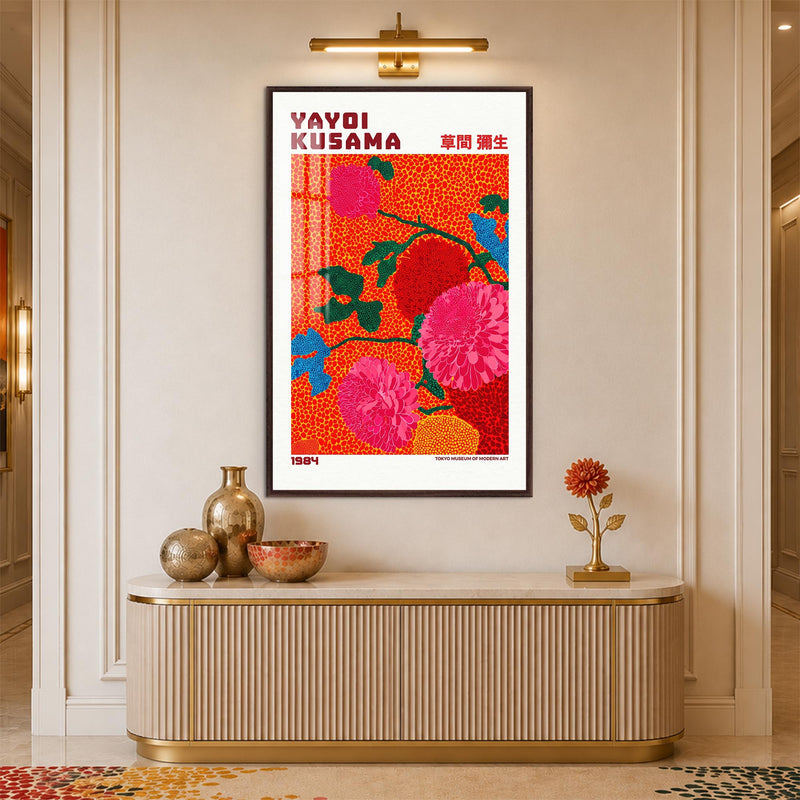Turuncu Zeminde Pembe Çiçekler Cam Tablo – Ceviz Çerçeveli Cam Tablo