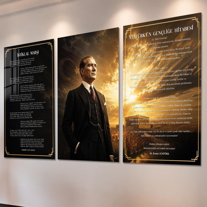 Atatürk Köşesi Üçlü Cam Tablo Seti — Zafer Alayı Altın