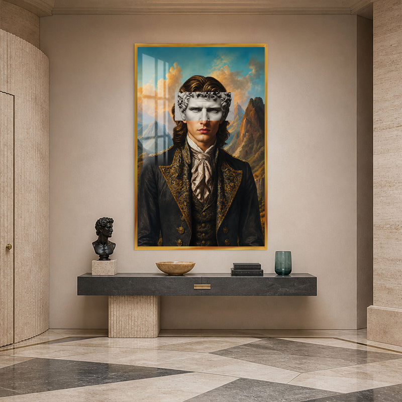 Dağ Manzaralı Maskeli Dandy Cam Tablo – Altın Çerçeveli Cam Tablo