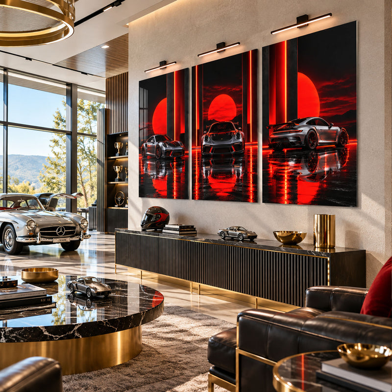 Gri Spor Araba Neon Gün Batımı Üçlü Cam Tablo