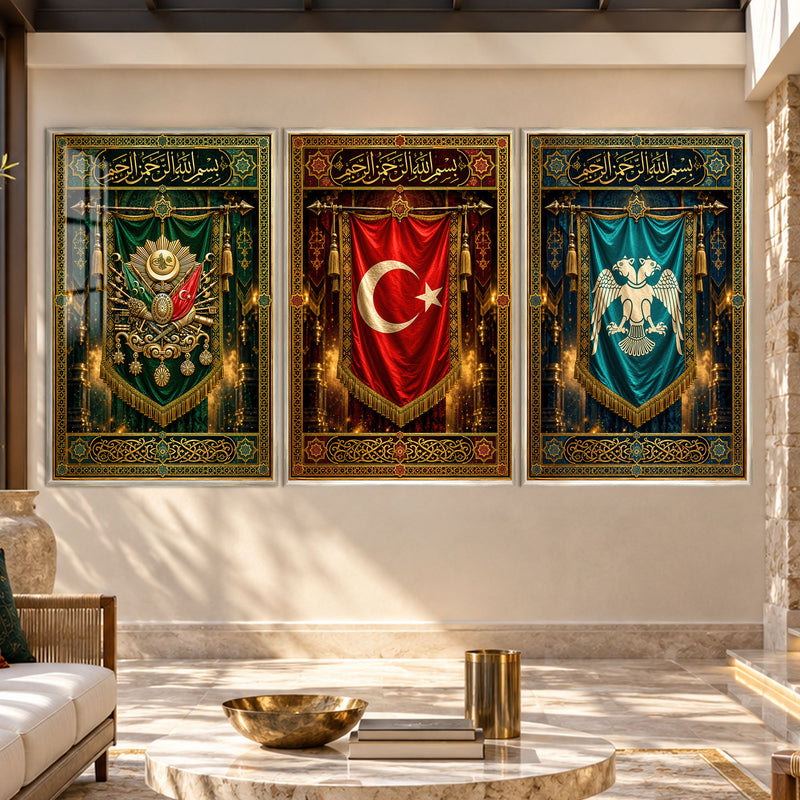 Osmanlı Sancak Üçlüsü Üçlü Cam Tablo – Gümüş Çerçeveli