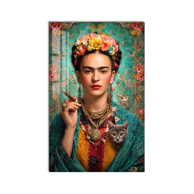 Kedili ve Purolu Frida Kahlo Cam Tablo – Cam Tablo