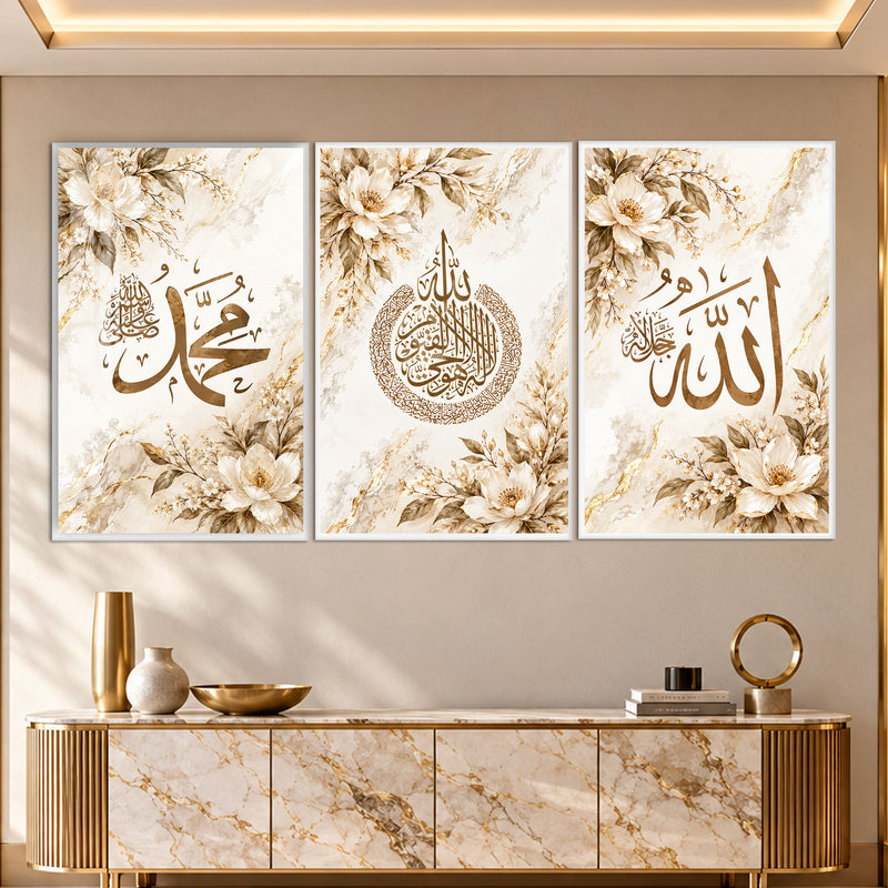 Allah Muhammed Beyaz Çiçek Hat Üçlü Cam Tablo – Beyaz Çerçeveli