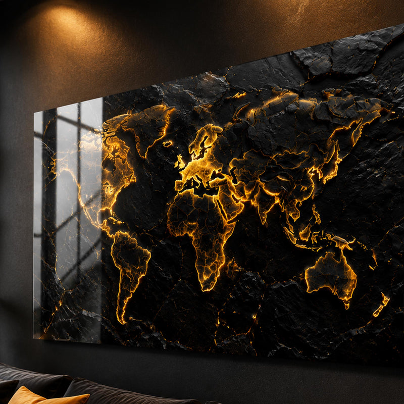 Parlak Altın Taş Doku Dünya Haritası Cam Tablo