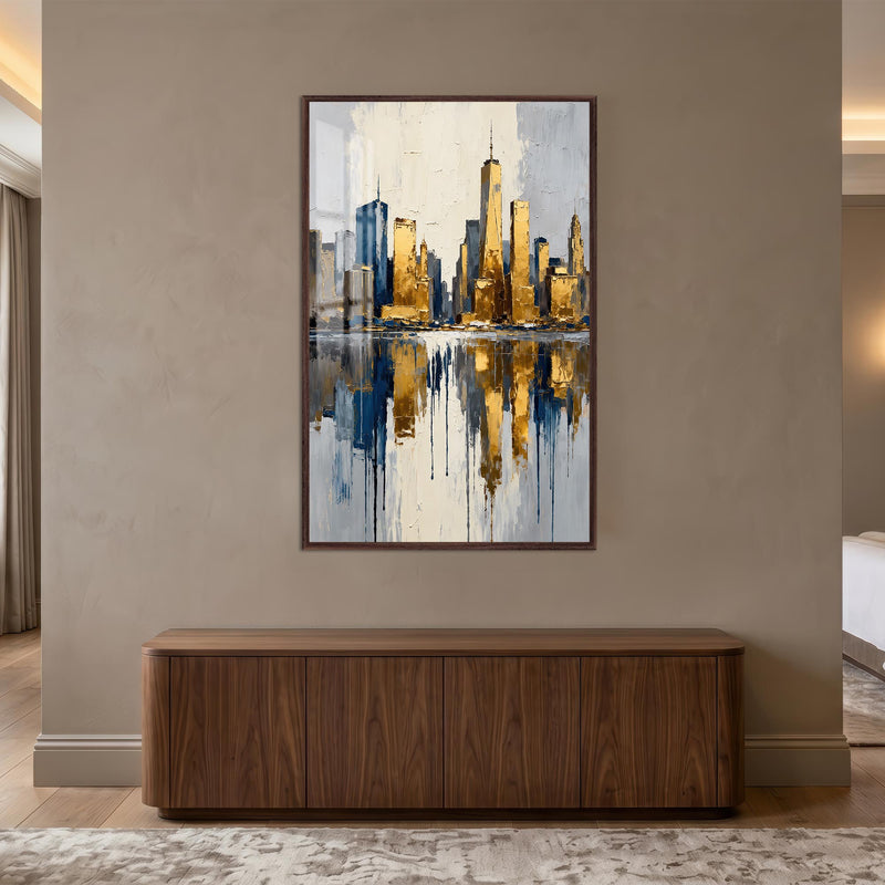 Altın Lacivert New York Skyline Cam Tablo – Ceviz Cerceveli Cam Tablo