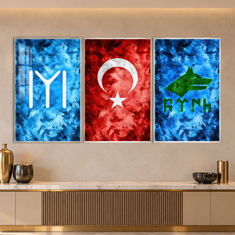 Kayı Damgası, Bayrak ve Bozkurt Üçlü Cam Tablo – Gümüş Çerçeveli