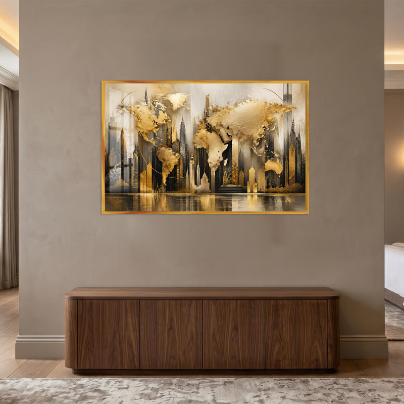 Art Deco Altın Metropol Dünya Haritası Cam Tablo – Altın Çerçeveli