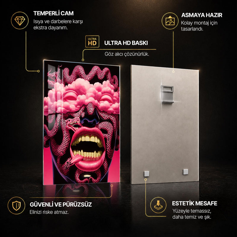 Pembe Yılanlı Medusa Portresi Cam Tablo – Cam Tablo