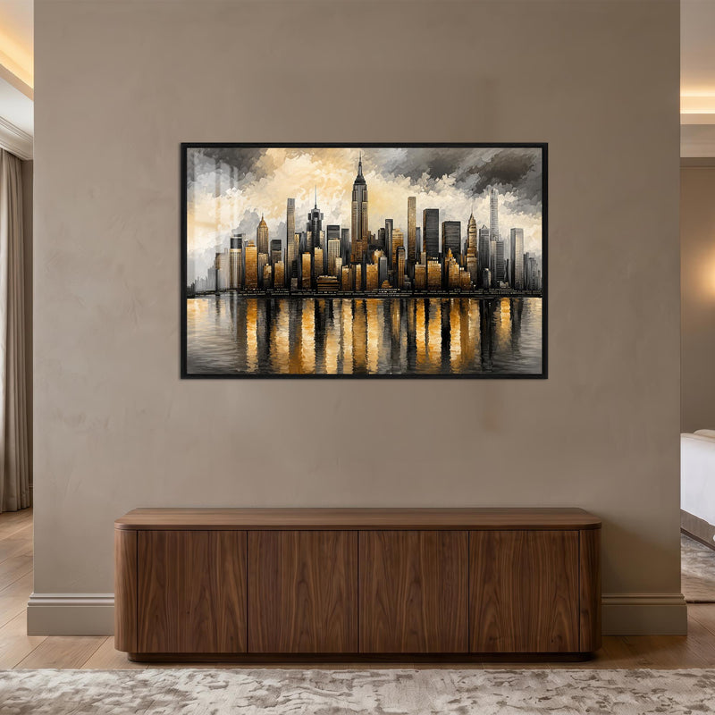 New York Gece Empire State Altın Cam Tablo – Siyah Cerceveli Cam Tablo