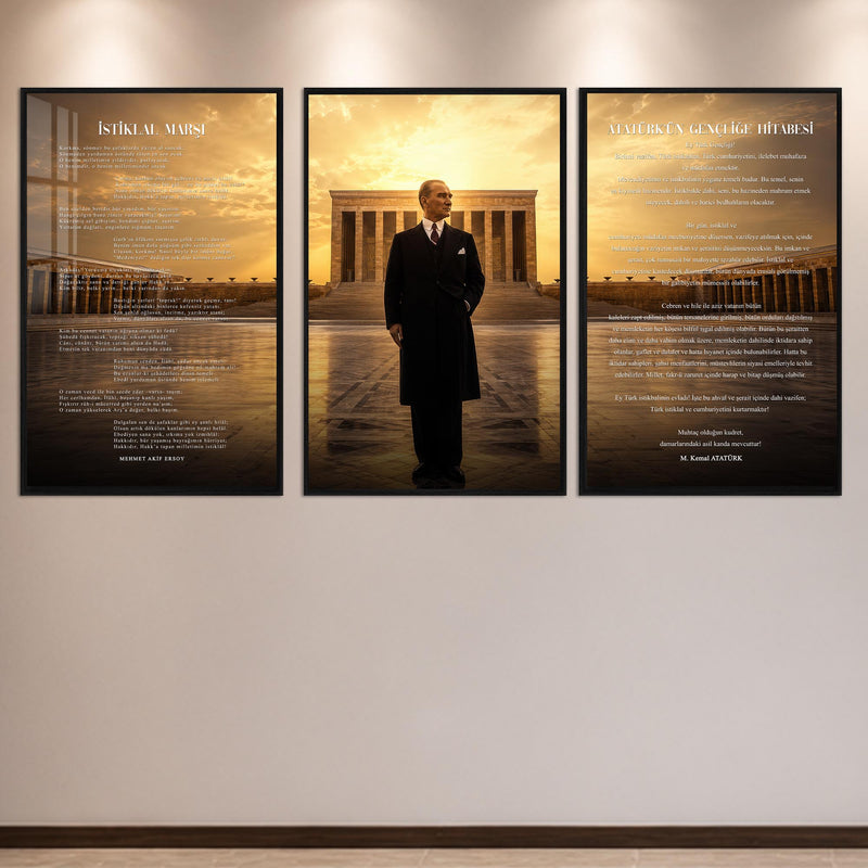 Atatürk Köşesi Üçlü Cam Tablo Seti — Anıtkabir Altın Işıklı – Siyah Çerçeveli