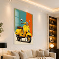 Turkuaz Turuncu Zeminde Sarı Vespa Cam Tablo – Cam Tablo