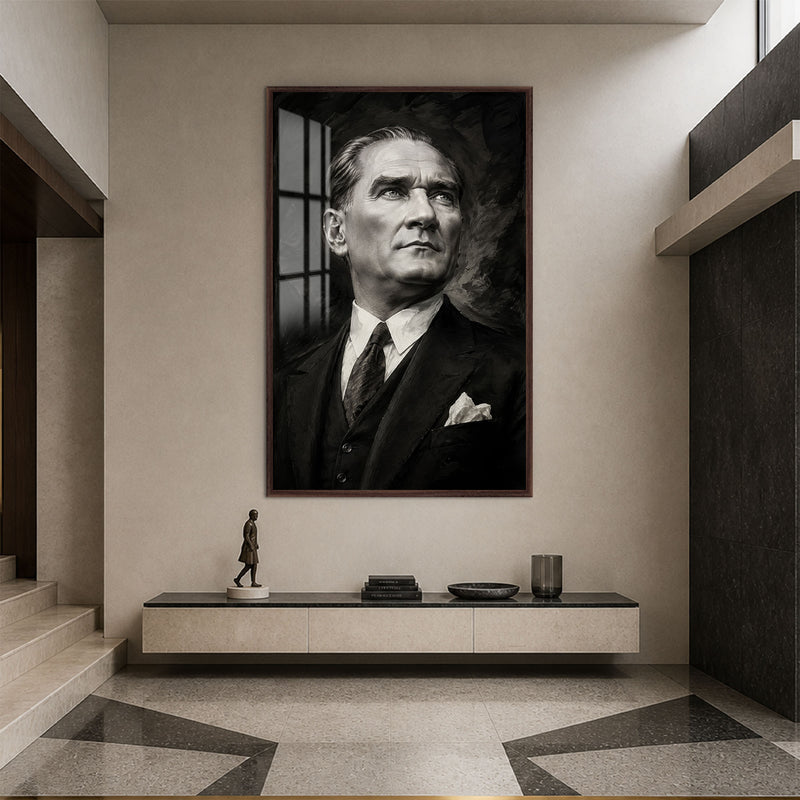 Yukarı Bakan Atatürk Cam Tablo – Ceviz Çerçeveli