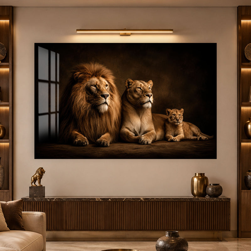 Karanlıkta Aslan Ailesi Cam Tablo – Cam Tablo