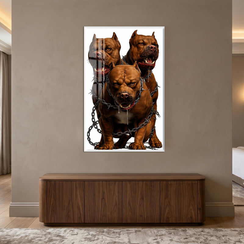 Zincirli Üç Pitbull Cam Tablo – Beyaz Çerçeveli Cam Tablo