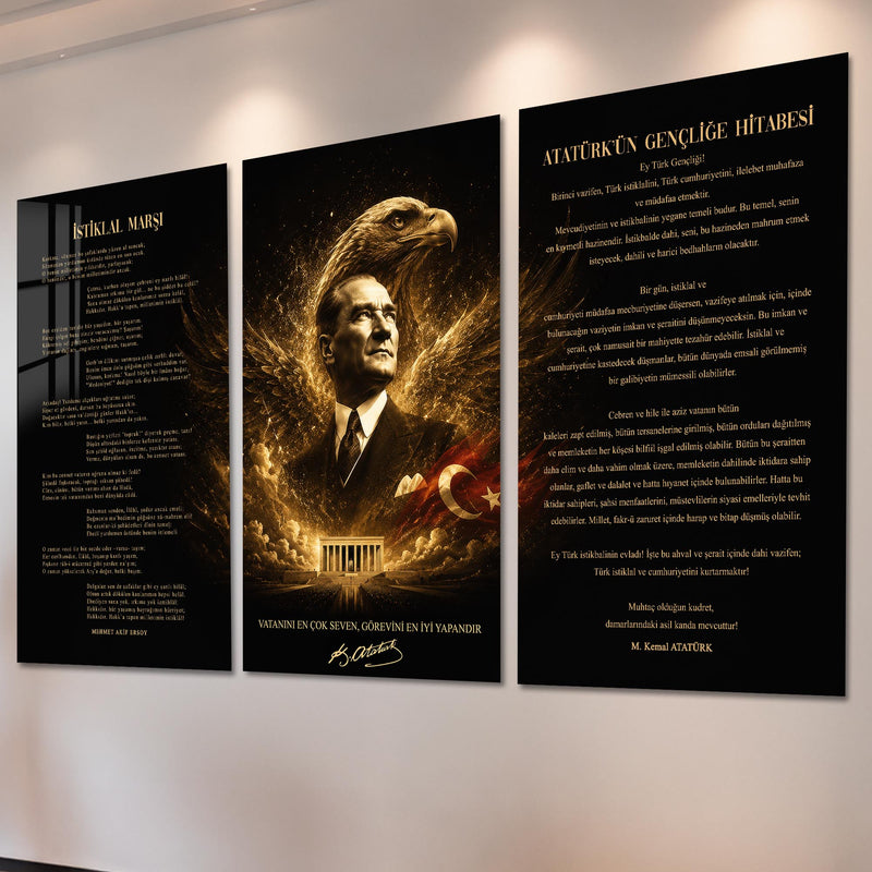 Atatürk Köşesi Üçlü Cam Tablo Seti — Altın Kartal Kanatlı Anıtkabir