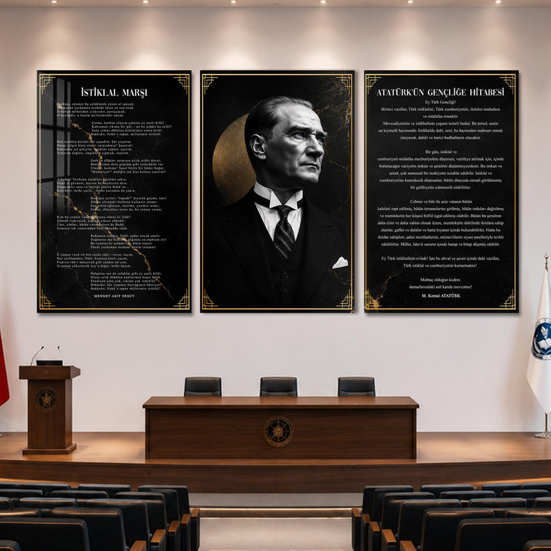 Atatürk Köşesi Üçlü Cam Tablo Seti — Mermer Desenli