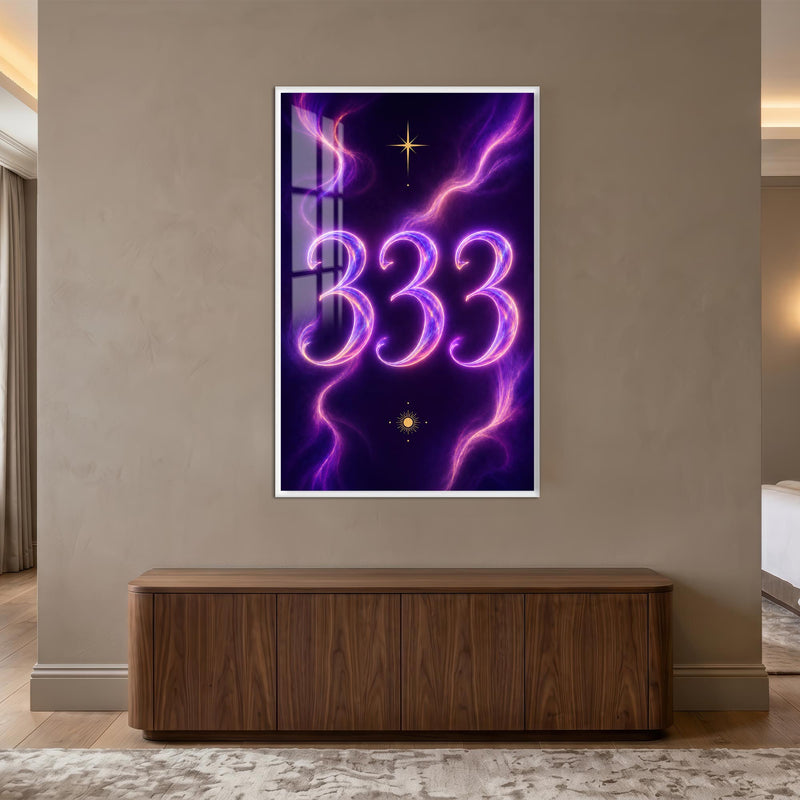 Mor Neon 333 Geçidi Cam Tablo – Gümüş Çerçeveli Cam Tablo