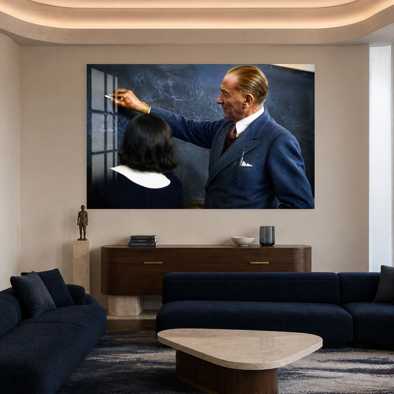 Tahta Başında Atatürk Cam Tablo