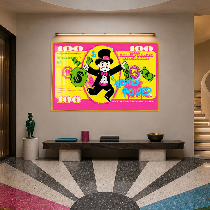 Para Adam 100 Dolar Pop Art Cam Tablo – Altın Çerçeveli Cam Tablo