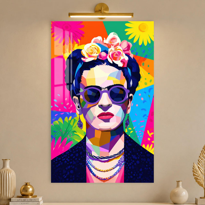 Renkli Gözlüklü Frida Kahlo Pop Art Cam Tablo – Cam Tablo