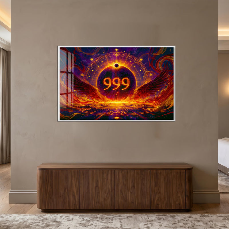 Tutulma Kanatlarında 999 Cam Tablo – Gümüş Çerçeveli Cam Tablo