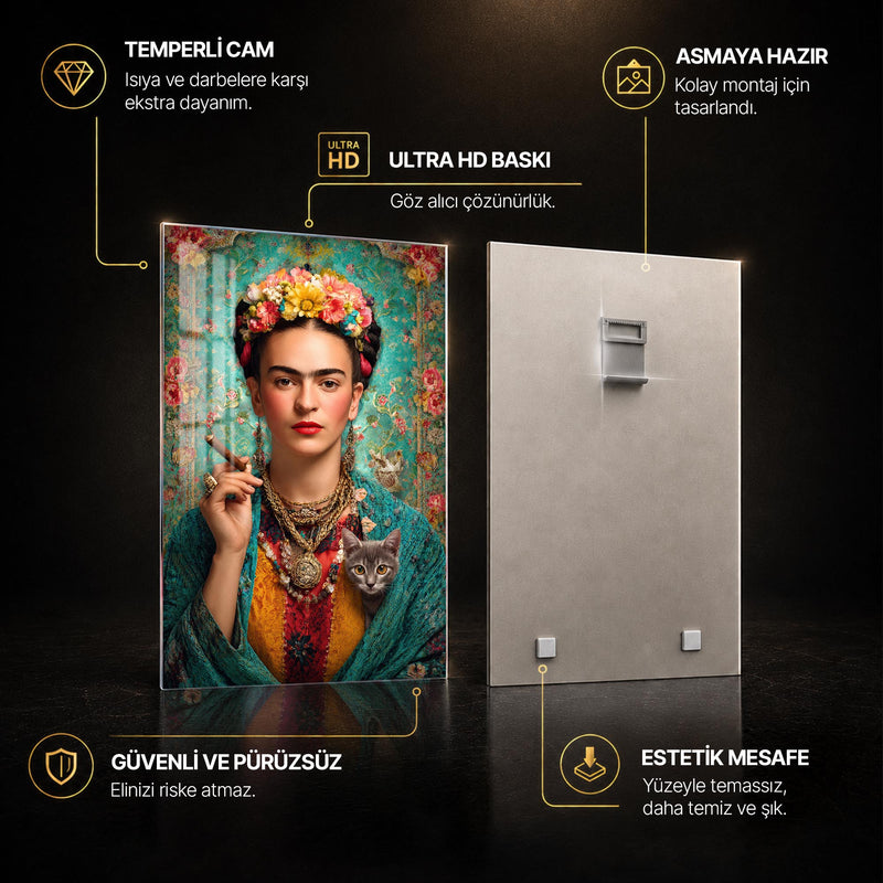 Kedili ve Purolu Frida Kahlo Cam Tablo – Cam Tablo