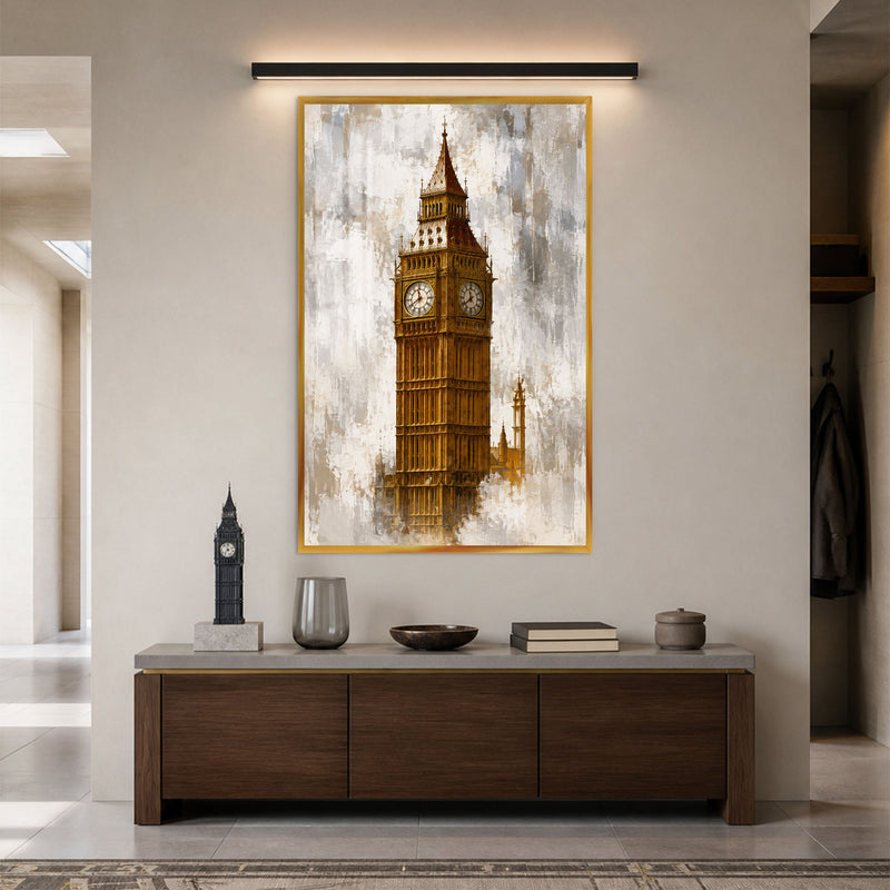 Altın Saatli Londra Kulesi Cam Tablo – Altın Çerçeveli Cam Tablo