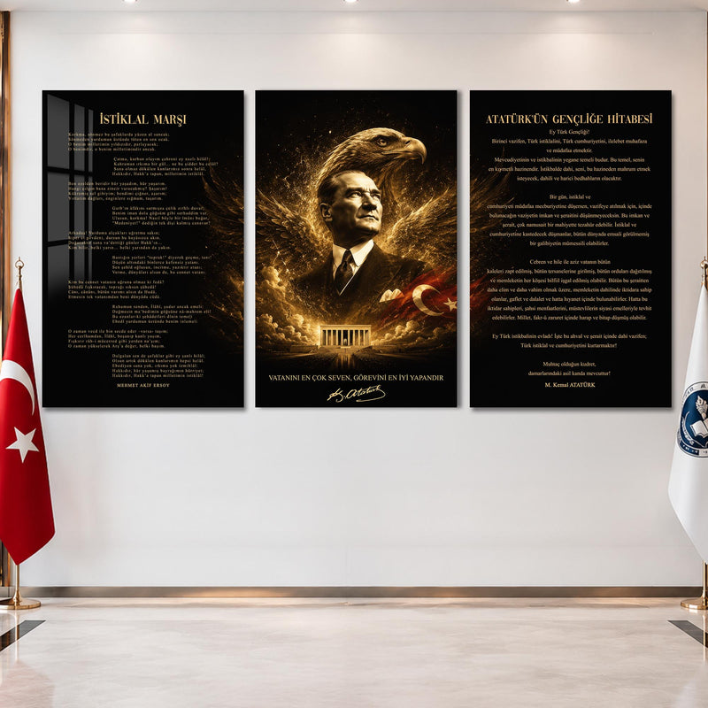 Atatürk Köşesi Üçlü Cam Tablo Seti — Altın Kartal Kanatlı Anıtkabir