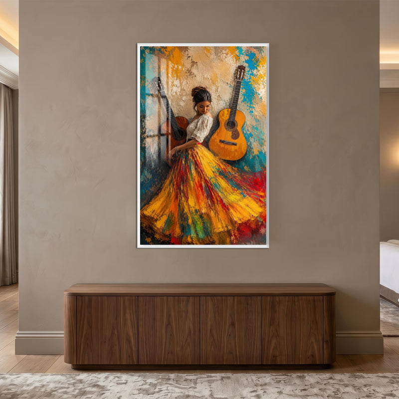 Gitarların Renkli Dansı Cam Tablo – Beyaz Çerçeveli Cam Tablo