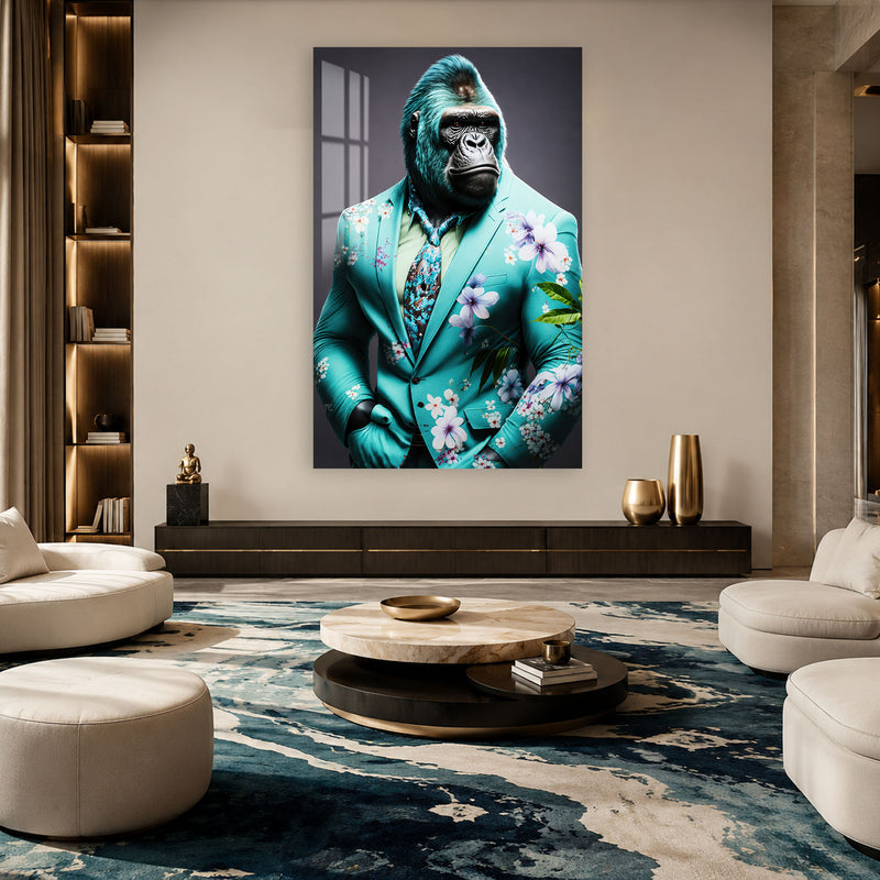 Turkuaz Takım Elbiseli Goril Cam Tablo – Cam Tablo