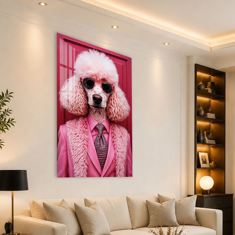 Pembe Takımlı Pudel Köpek Cam Tablo – Cam Tablo