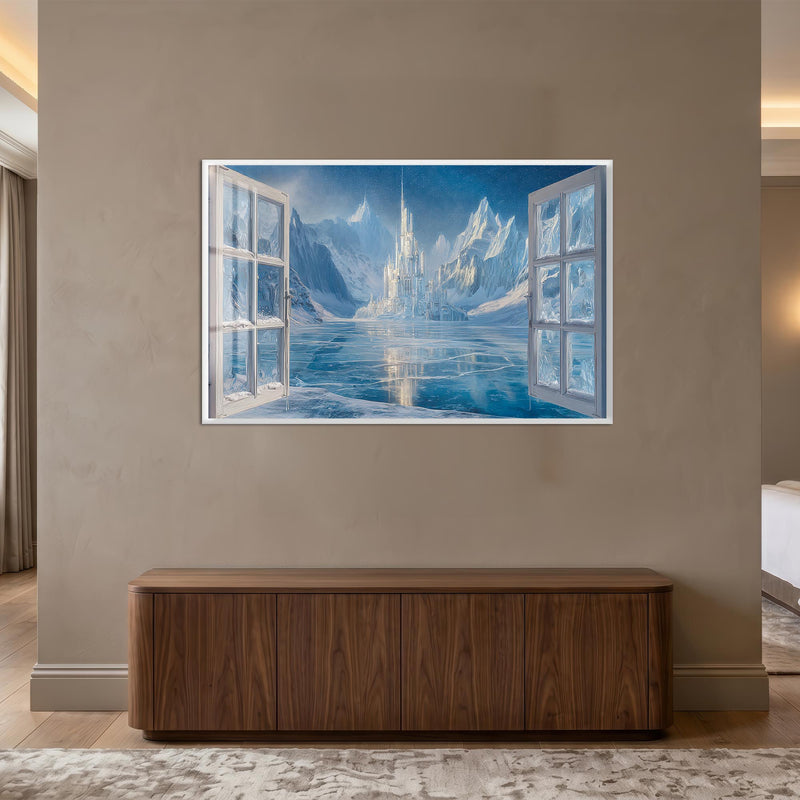 Fantastik Buz Şatosu Cam Tablo – Beyaz Çerçeveli Cam Tablo