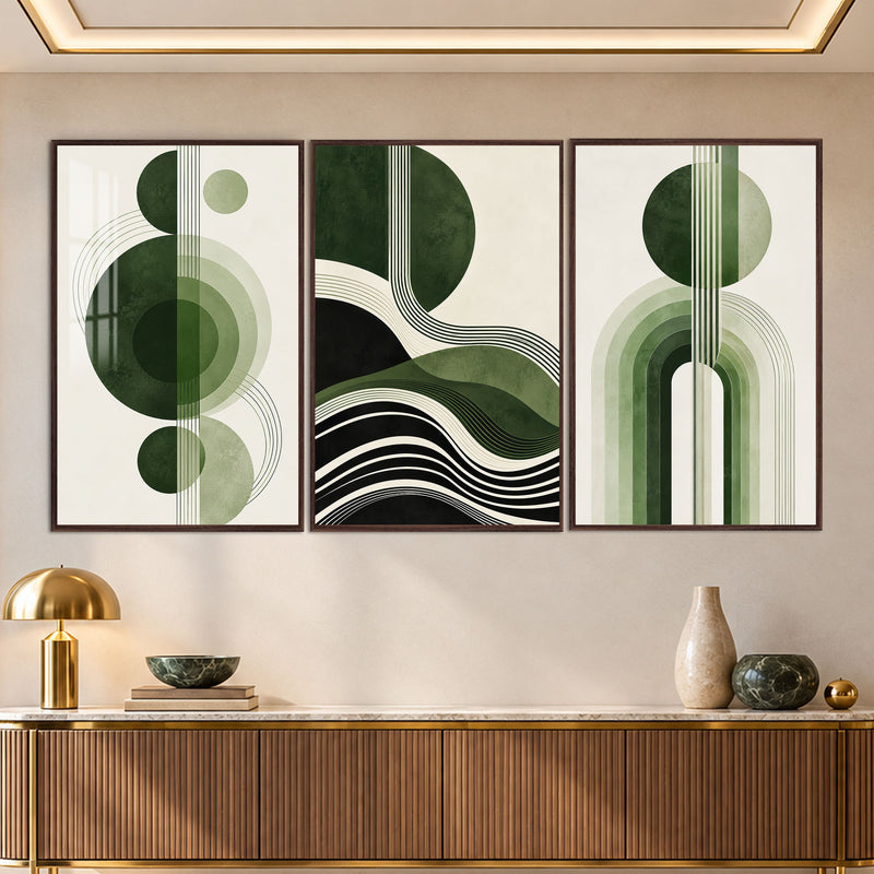 Yeşil Mid-Century Dalga Daire Üçlü Cam Tablo – Ceviz Çerçeveli